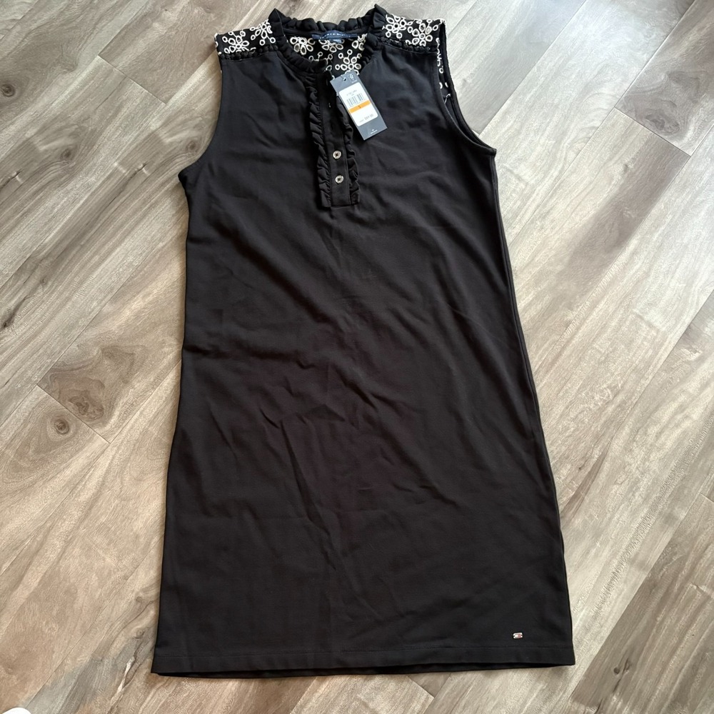 NWT Tommy Hilfiger‎ Black Knit Eyelet Yoke Ruffle Dress Small S $89 MSRP